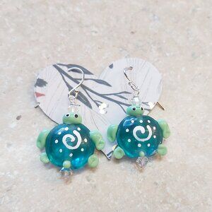 Turtle glass lampwork beaded earrings with sterling hooks